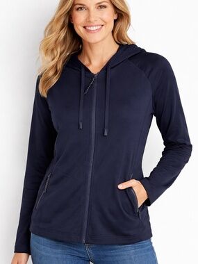 NWT T by Talbots Zip up Hoodie Sweater Jacket Blue Sz M zip pockets cinch waist